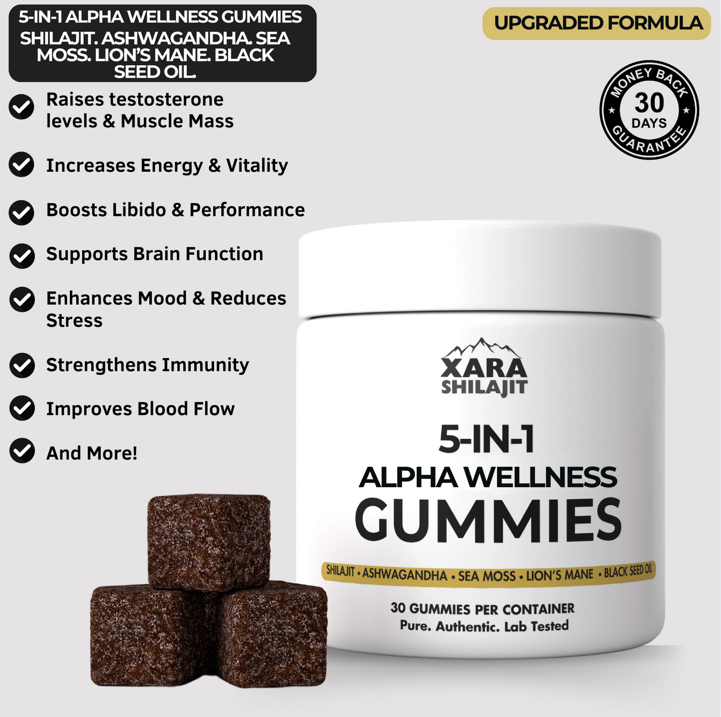 Xara 5-in-1 Superblend Gummies – Shilajit, Sea Moss, Ashwagandha, Lion’s Mane & Black Seed Oil – 30 Count